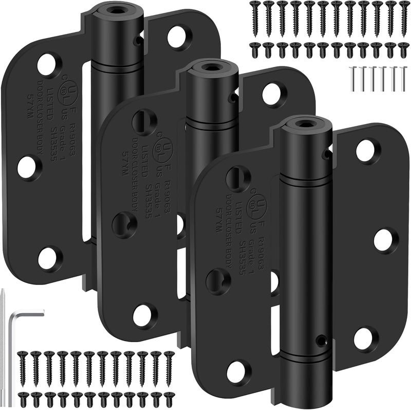IOQ 3.5 Inch Self Closing Door Hinges, 5/8" Radius Corners Spring Loaded Hinges for Interior Door, Bedroom, Pantry Door, UL Listed, for Left and Right Hand Door, Matte Black, 3 Pack - Image 1